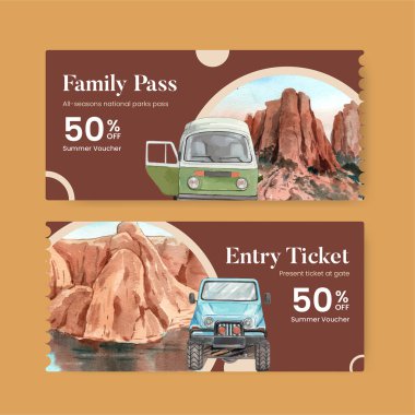 ABD konseptinin ulusal parkları olan bilet şablonu, suluboya styl