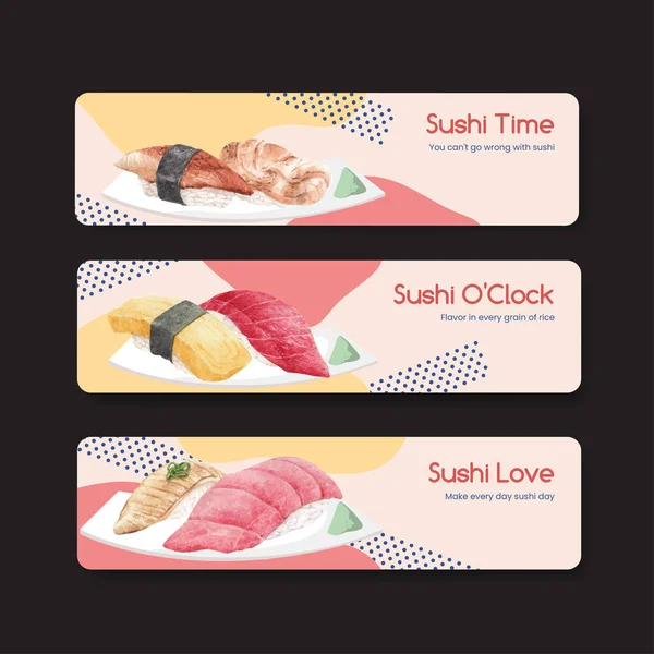 Banner Vorlage Mit Premium Sushi Konzept Waterolor Styling — Stockvektor