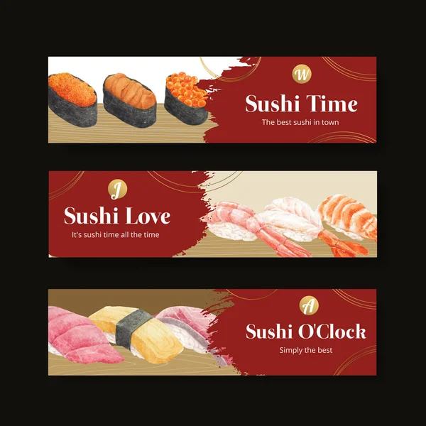 Banner Vorlage Mit Premium Sushi Konzept Waterolor Styling — Stockvektor