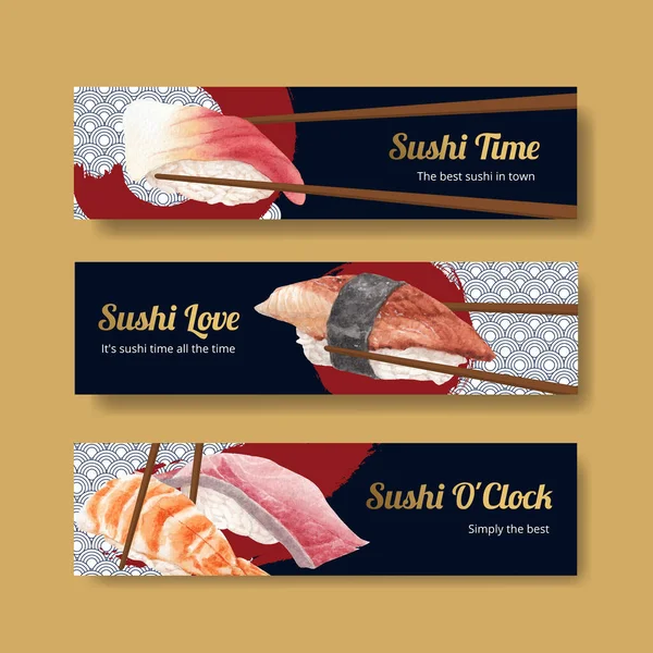 Banner Vorlage Mit Premium Sushi Konzept Waterolor Styling — Stockvektor