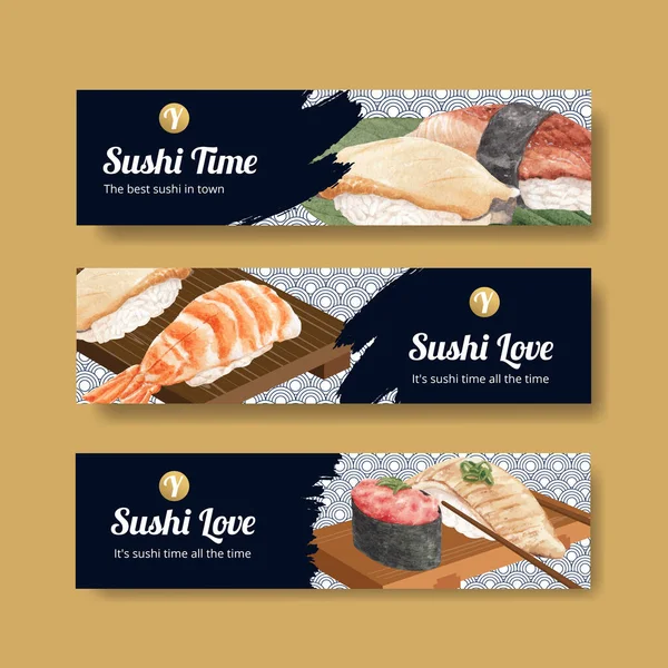 Banner Vorlage Mit Premium Sushi Konzept Waterolor Styling — Stockvektor