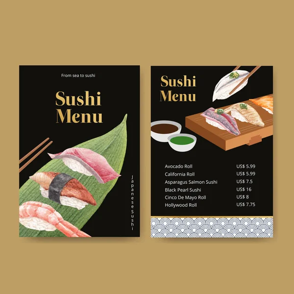 Menu Template Met Premium Sushi Concept Waterverf Styl — Stockvector