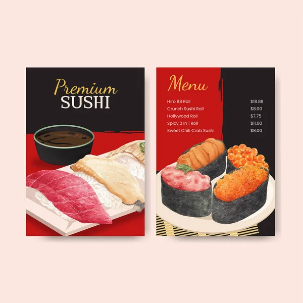 Modelo Menu Com Conceito Sushi Premium Waterolor Styl — Vetor de Stock