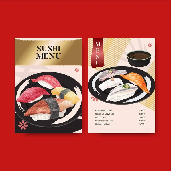Menüvorlage Mit Premium Sushi Konzept Waterolor Styling — Stockvektor