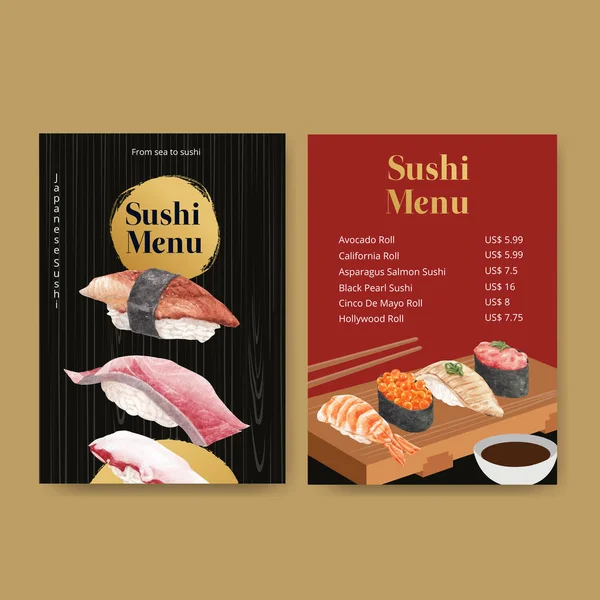 Modelo Menu Com Conceito Sushi Premium Waterolor Styl — Vetor de Stock