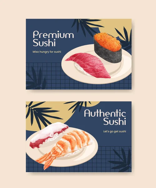 Facebook Template Met Premium Sushi Concept Waterolor Styl — Stockvector