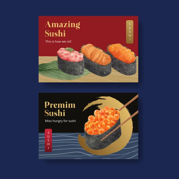 Facebook Template Met Premium Sushi Concept Waterolor Styl — Stockvector