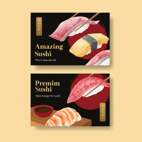 Facebook Template Met Premium Sushi Concept Waterolor Styl — Stockvector