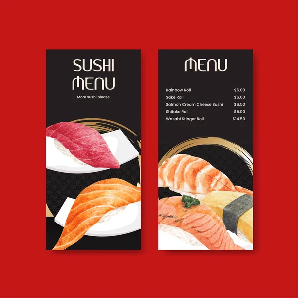 Menu Template Premium Sushi Concept Waterolor Styl — Stock Vector