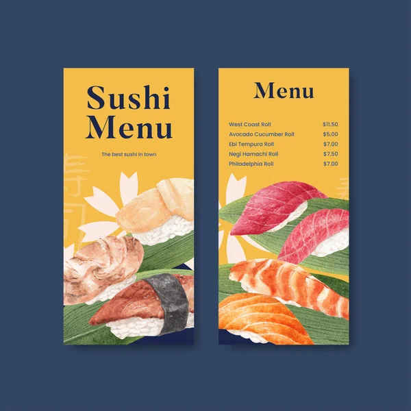 Menu Template Premium Sushi Concept Waterolor Styl — Stock Vector
