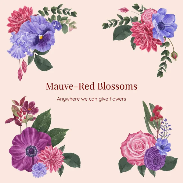 Bouquets Concept Floral Rouge Muave Styl Waterolor — Image vectorielle