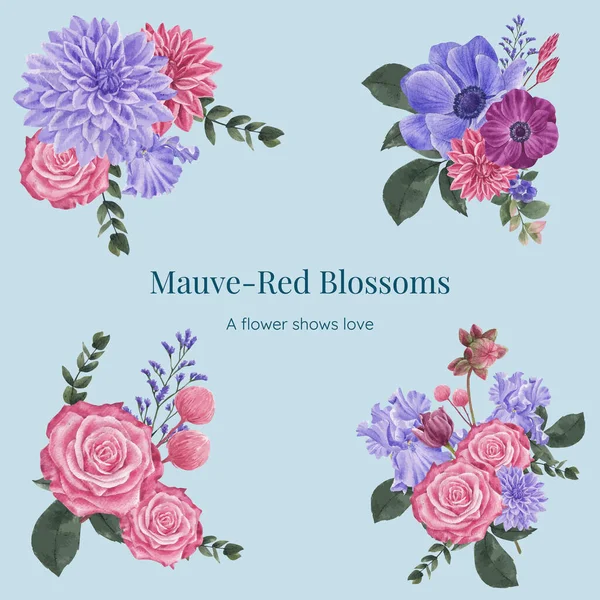 Bouquets Concept Floral Rouge Muave Styl Waterolor — Image vectorielle