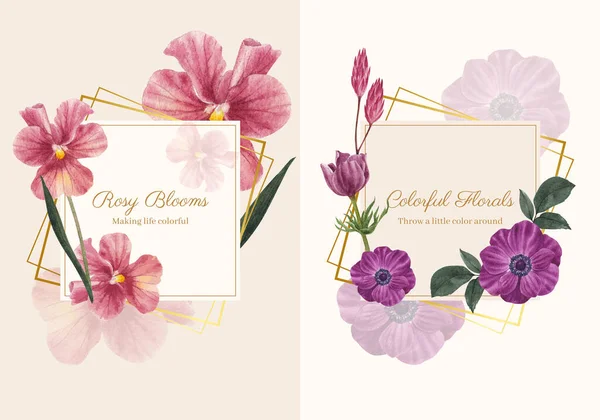 Toorn Template Met Muave Rode Bloemen Concept Waterverf Styl — Stockvector