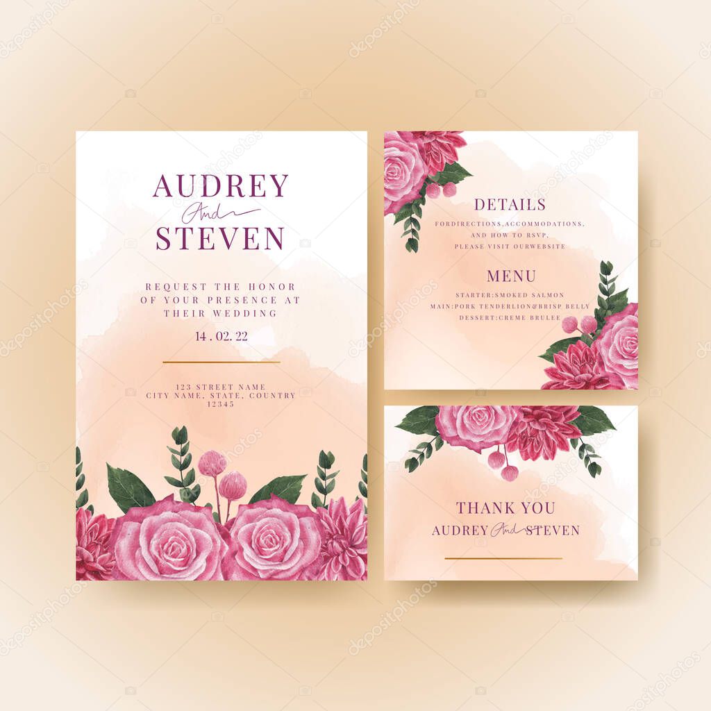 Wedding card template with muave red floral concept,waterolor styl