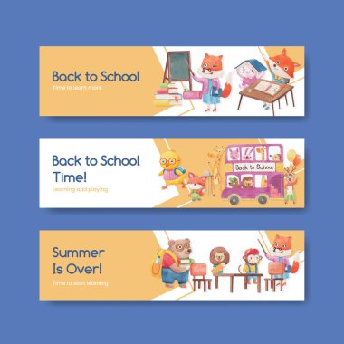 Banner 'ın okula dönüş şablonu ve tatlı hayvan konsepti, suluboya tarzı