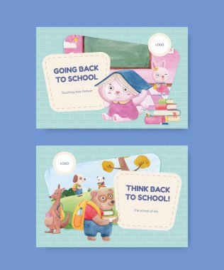 Okula geri dönen Facebook şablonu ve tatlı hayvan konsepti, suluboya tarzı