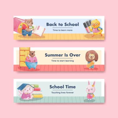 Banner 'ın okula dönüş şablonu ve tatlı hayvan konsepti, suluboya tarzı