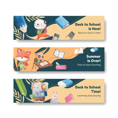 Banner 'ın okula dönüş şablonu ve tatlı hayvan konsepti, suluboya tarzı