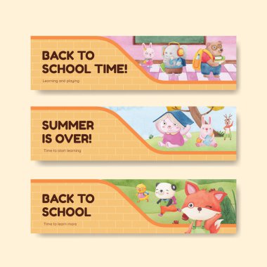 Banner 'ın okula dönüş şablonu ve tatlı hayvan konsepti, suluboya tarzı