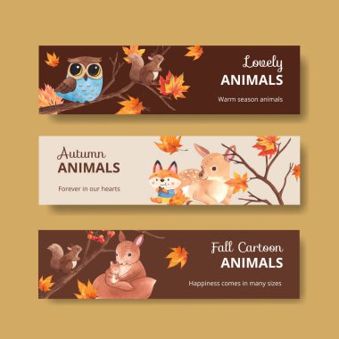 Sonbahar hayvan konsepti olan pankart şablonu, suluboya stil