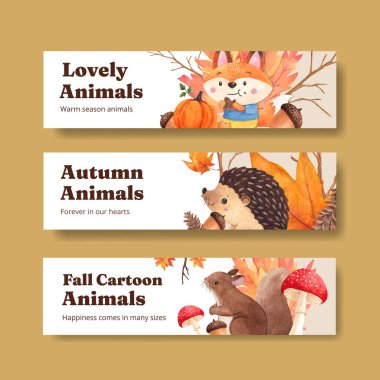 Sonbahar hayvan konsepti olan pankart şablonu, suluboya stil