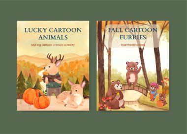 Sonbahar hayvan konsepti olan kapak kitabı şablonu, suluboya stil