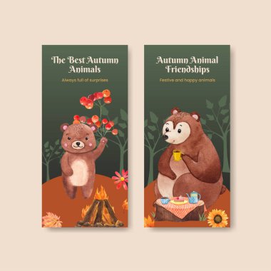 Sonbahar hayvan konseptiyle uçan şablon, suluboya stil