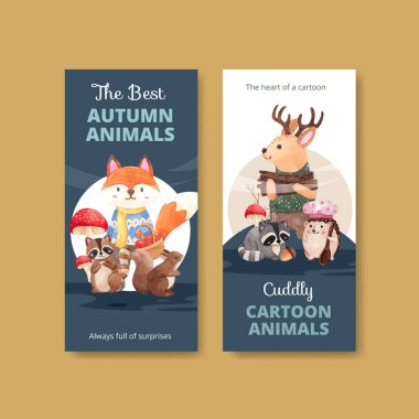 Sonbahar hayvan konseptiyle uçan şablon, suluboya stil