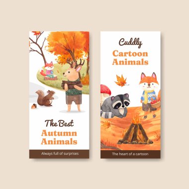 Sonbahar hayvan konseptiyle uçan şablon, suluboya stil