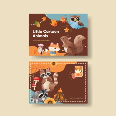 Sonbahar hayvan konsepti olan bir kartpostal şablonu, suluboya stil