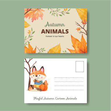 Sonbahar hayvan konsepti olan bir kartpostal şablonu, suluboya stil