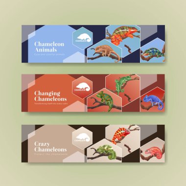 Bukalemun kertenkele konsepti olan pankart şablonu, suluboya stil