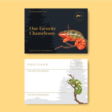 Bukalemun kertenkele konsepti olan bir kartpostal şablonu, suluboya stil
