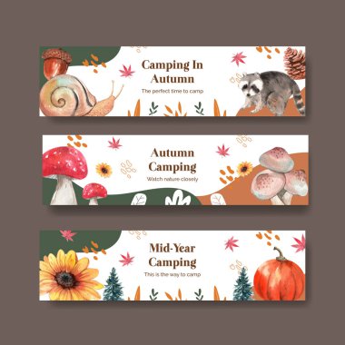 Banner şablonu sonbahar kampı konsepti, suluboya stil