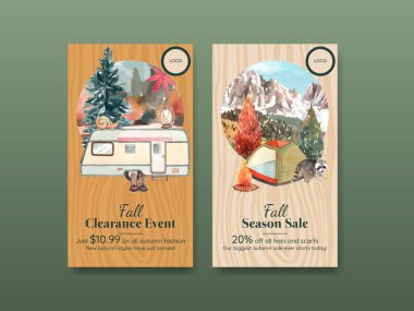 Sonbahar kampı konseptiyle Instagram şablonu, suluboya stil