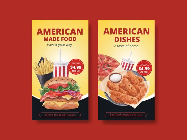 Plantilla Instagram Con Concepto Alimentos Americanos Estilo Acuarela — Vector de stock