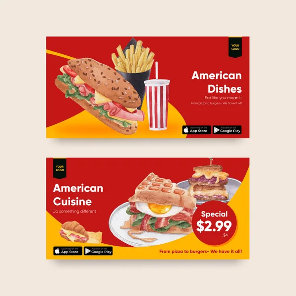 Twitter Template American Foods Concept Watercolor Styl — стоковий вектор