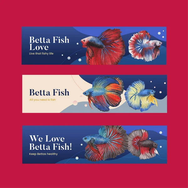 Modelo Banner Com Conceito Peixe Betta Styl Aquarela —  Vetores de Stock