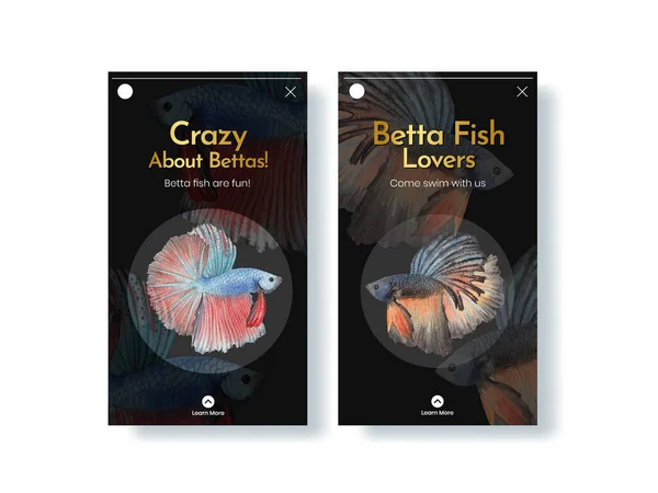 带有贝塔鱼概念 水彩画样式的Instagram模板 — 图库矢量图片