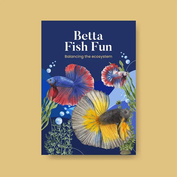 带有贝塔鱼概念的海报模板 水彩画风格 — 图库矢量图片