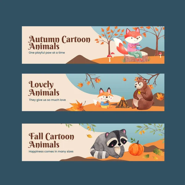 Modello Banner Con Concetto Animale Autunnale Styl Acquerello — Vettoriale Stock