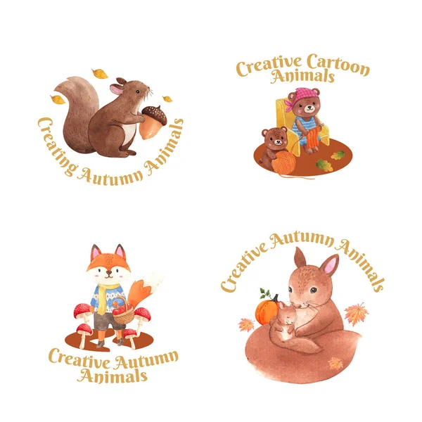 Logo Design Avec Concept Animal Automne Aquarelle Styl — Image vectorielle