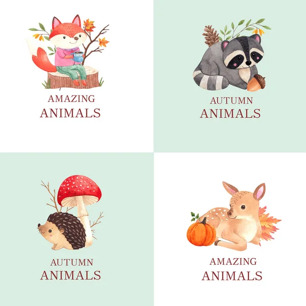 Logo Design Con Concetto Animale Autunnale Acquerello Styl — Vettoriale Stock