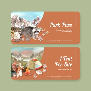 Sonbahar kampı konseptiyle bilet şablonu, suluboya stil
