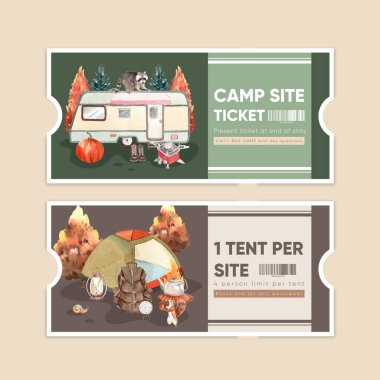 Sonbahar kampı konseptiyle bilet şablonu, suluboya stil