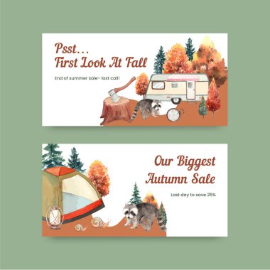 Twitter şablonu sonbahar kampı konsepti, suluboya styl