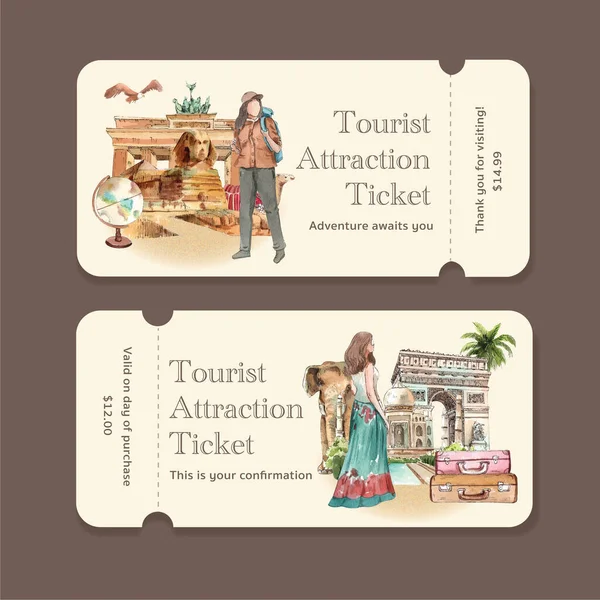 Ticket Sjabloon Met Wereld Toerisme Dag Concept Aquarel Styl — Stockvector