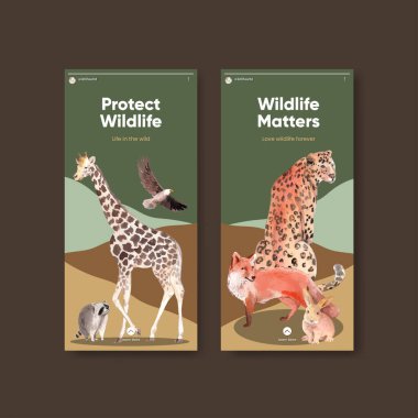 Instagram şablonu. Dünya Hayvan Günü konsepti, suluboya stil.