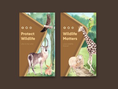 Instagram şablonu. Dünya Hayvan Günü konsepti, suluboya stil.