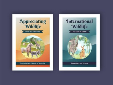 Üzerinde hayvan günü konsepti olan bir kartpostal şablonu, suluboya stil.